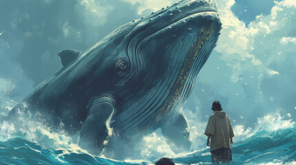 Jonah and the whale biblical story 3d cartoon illustration