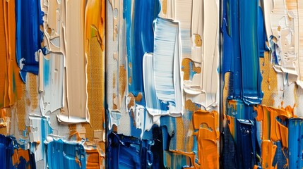 The painting is abstract. It comprises of paint spots, strokes, golden elements, orange, gold, blue, knife painting. The painting is a large stroke oil painting...