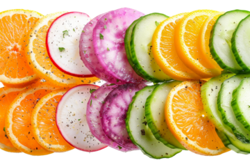 An isolated backlit vegetable slice on a white background. A transparent food composition is shown.