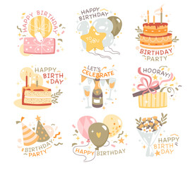 Happy birthday and anniversary composition and stickers with greeting text and lettering set