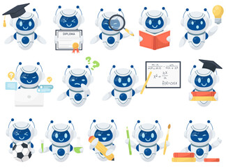 AI technology education, cute robot cartoon character studying isolated set on white background