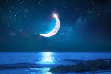 Obraz na płótnie Canvas Ramadan Kareem the moon in the sea at night among the stars