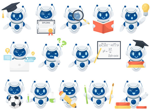 AI technology education, cute robot cartoon character studying isolated set on white background
