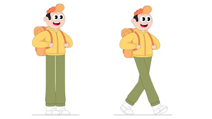 Young tourist boy with backpack in standing and walking pose, vector illustration.