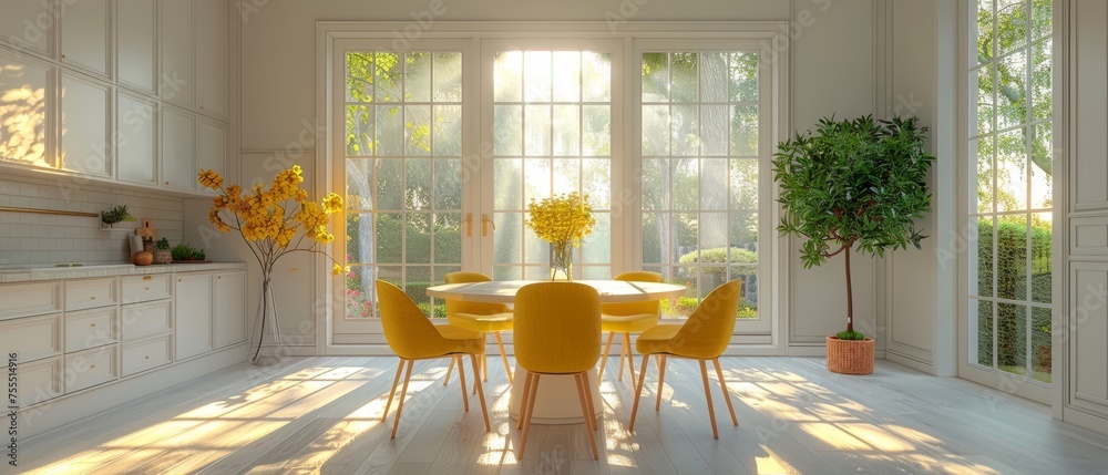 Poster 3d rendering of a minimalist kitchen. the dining table in the kitchen is round with yellow chairs. t