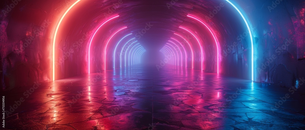 Aufkleber 3d futuristic sci-fi high-tech empty space pathways with neon blue and white glowing light strips in