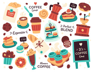 Coffee shop, tea house, pastry store or confection retail market sticker, logo badge isolated set