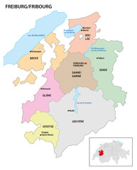 Administrative district map of Fribourg Canton, Switzerland