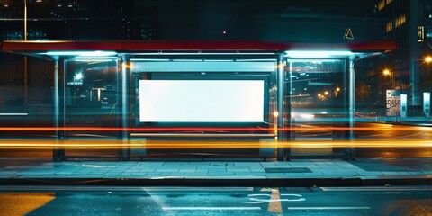 Obraz premium Empty bus stop advertisement at night with city lights.
