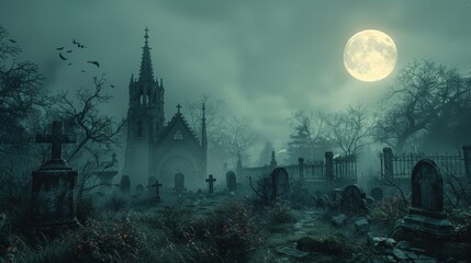 Night time cemetery with bats, moon and cloudy sky - Illustration in 3D. - obrazy, fototapety, plakaty