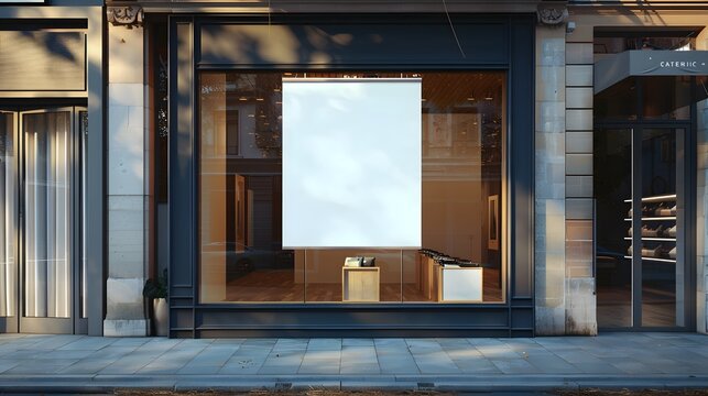 Blank whiteboard on the glass window in front of restaurant, coffe shop, outdoors. front view. copy space, mockup product.	