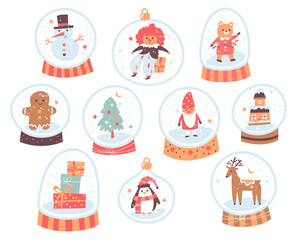 Cute winter characters in glass crystal Christmas balls with snow decoration isolated set