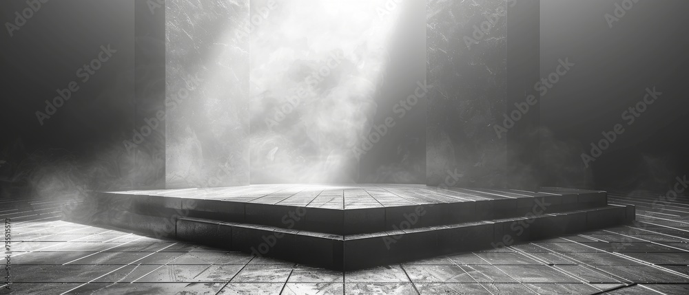 Aufkleber luminous 3d minimalism showcase on an empty stage featuring tiled flooring in white