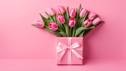 Obraz premium pink gift box with flowers. copy space