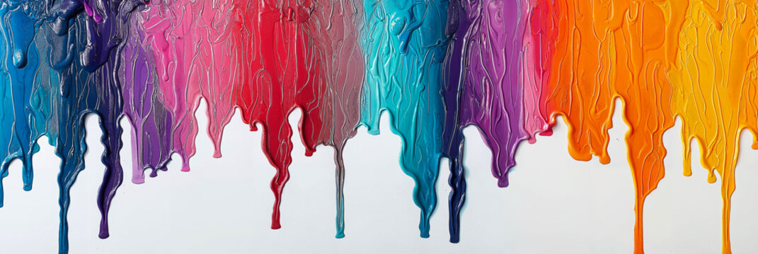 Abstract multicolored banner with colored oil streaks. Colorful paint dripping down on white background