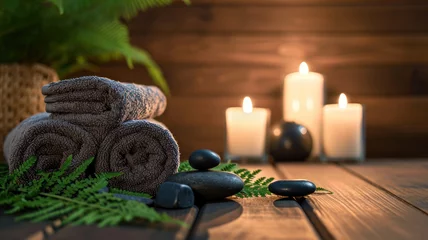 Photo sur Aluminium Spa Towel fern candles black hot stone wooden background spa treatment relax concept copy spa