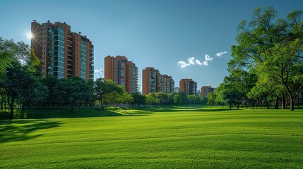 View of eco-friendly flats in a green park in the morning with a blue sky and a few clouds