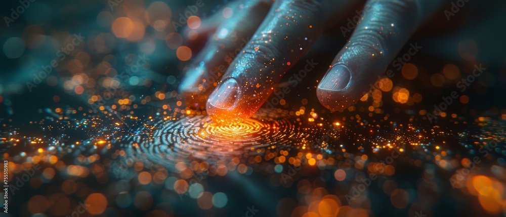Poster Scan fingerprint and approve biometric identity in the future in an immersive technology future and in a cybernetic business.
