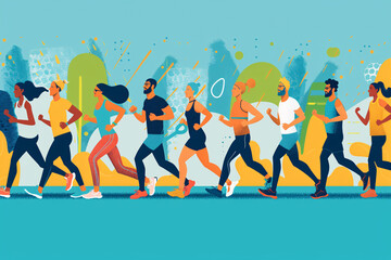Group of diverse runners in motion on a stylized urban background