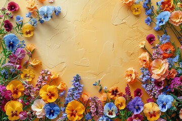 A festive array of spring blooms, including marigolds, pansies, and snapdragons arranged in a semi-circle on a bright lemon-yellow paper.  - obrazy, fototapety, plakaty