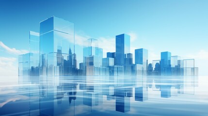 Modern blue cityscape made of clear glass on a blue sky background