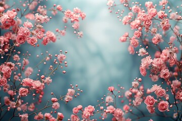 A harmonious blend of tender rosebuds and baby’s breath, forming a soft circular border on a powder blue canvas. - obrazy, fototapety, plakaty