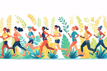 Colorful illustration of a diverse group of runners in motion on a plant-filled background
