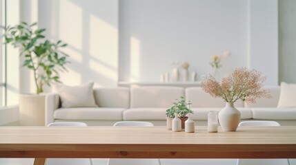 Fototapeta premium White dining table with a blurred modern scandinavian living room