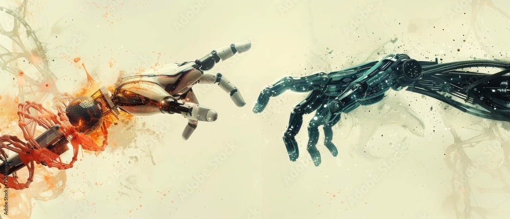 Poster Touching DNA with robot hands and connecting in virtual interface, science and innovation, artificial intelligence technology concept.