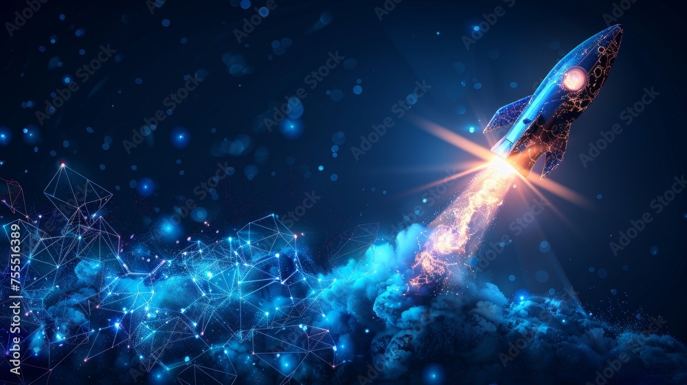 Poster Blue glowing light bulb rocket launch with a wireframe light connection structure. Low poly style design with an abstract geometric background. Isolated  illustration. Modern 3D graphic concept.