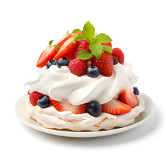 Pavlova cake meringue cake with fresh berries and fruits isolated on white background