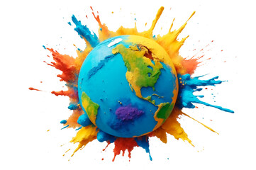 Multicolor dust explosion around holi earth for festival poster or design isolated on transparent background. Isolated earth with dust splashes of different colors around