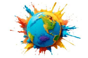 Multicolor dust explosion around holi earth for festival poster or design isolated on transparent background. Isolated earth with dust splashes of different colors around