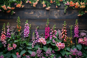 A symphony of spring flowers, with crescendos of foxgloves and diminuendos of primroses on a classic, aged oak wood table.  - obrazy, fototapety, plakaty