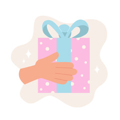 Hand Holding Gift Box with Ribbon and Bow. Surprise Holiday Present. Flat Vector Illustration.