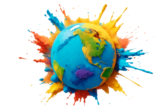 Multicolor dust explosion around holi earth for festival poster or design isolated on transparent background. Isolated earth with dust splashes of different colors around