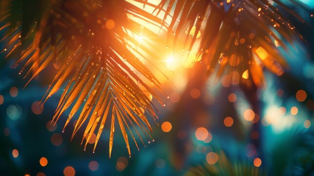 Tropical Palm Trees At Sunset With Vintage Tone And Bokeh Lights - Summer Vacation