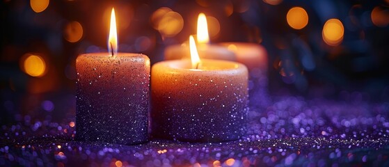 Candles burning in the dark with purple glitter on flames and abstract defocused lights