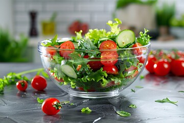 a bowl of salad with tomatoes and cucumbers - Powered by Adobe