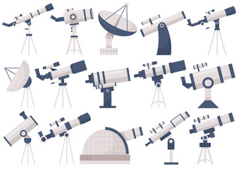 Astronomical telescopes isolated set with radio, orbital item, satellite dish, portable equipment