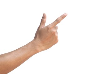 Male hand pointing finger to the side The idea of pointing at something, such as an object or text. Isolated on a white background.	