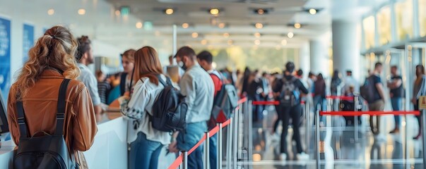 Registering for a Conference: People Waiting in Line. Concept Conference Registration, People Waiting, Line Management, Check-in Process