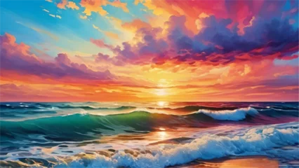 Fototapeten oil painting of colorful sky, ocean wave and sunset over the sea © Hs