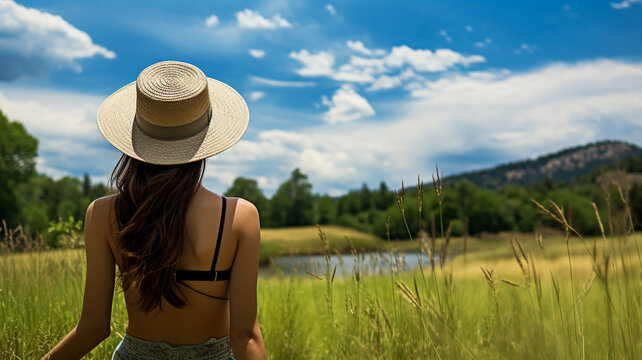 Woman in hat and bikini at outdoor nature for vacation Summer vacation travel in the countryside