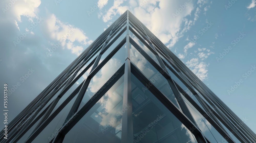 Poster High rise building with a dark steel window system and clouds reflected in the glass. Concept of future architecture, looking at the angle of the building corner.