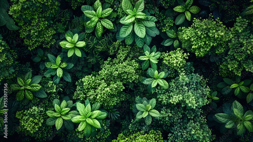 Sticker Aerial top-down view of a green forest in natural green surroundings