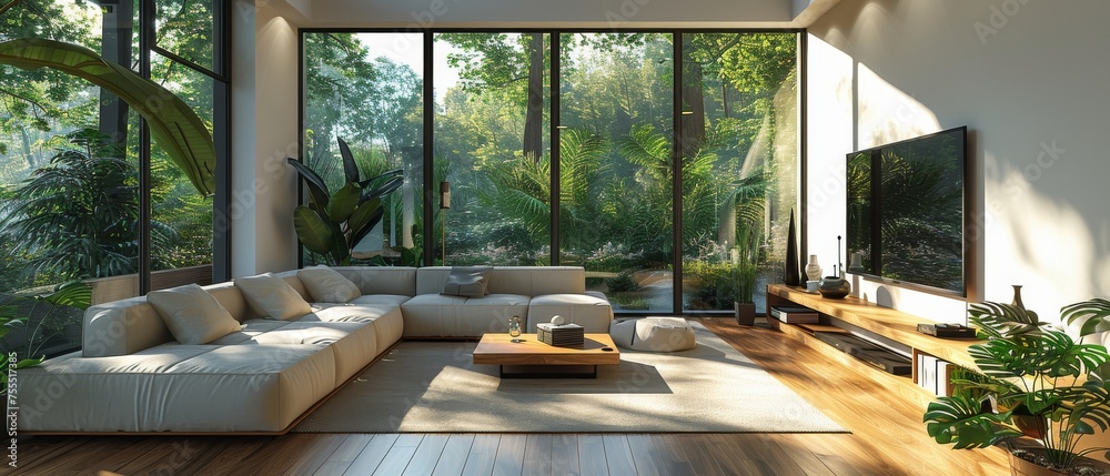 Aufkleber an interior design featuring tv and sofa set with a tree background in a white living room in a mini
