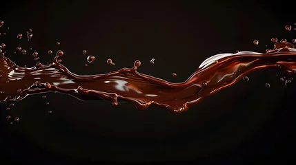 Fotobehang Realistic creamy chocolate long wave liquid, splashing droplets in long flow, Choco syrup or cocoa drink, dark brown, isolated on dark background. copy space, mockup. © Almultazam