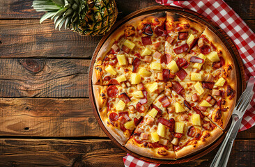 A  Hawaiian pizza with pineapple and ham
