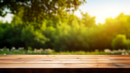 Wooden table on blurred nature background.